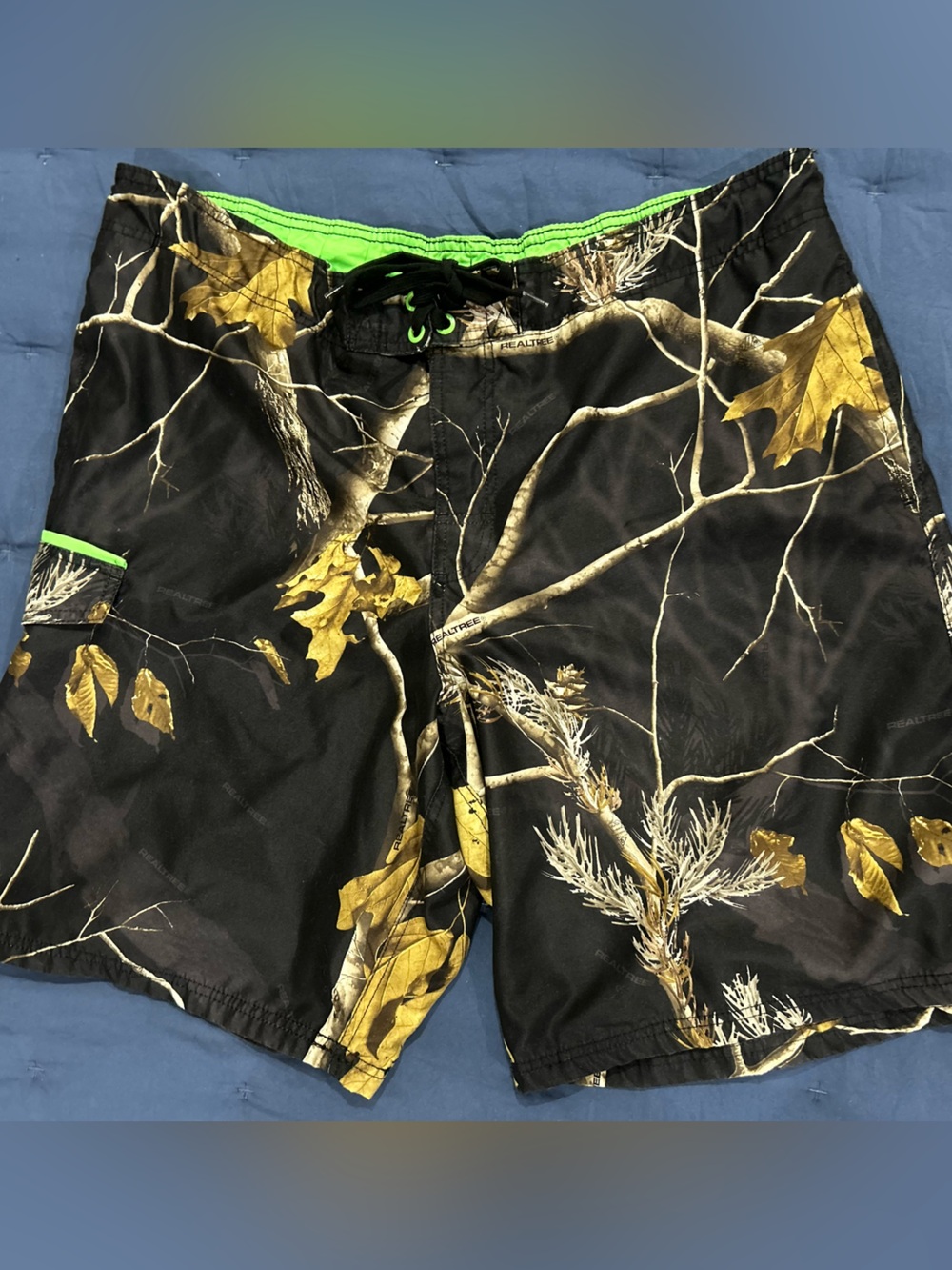 Swim Trunks for Men Black & Gold Camouflage with Green Waist Trim by Realtree